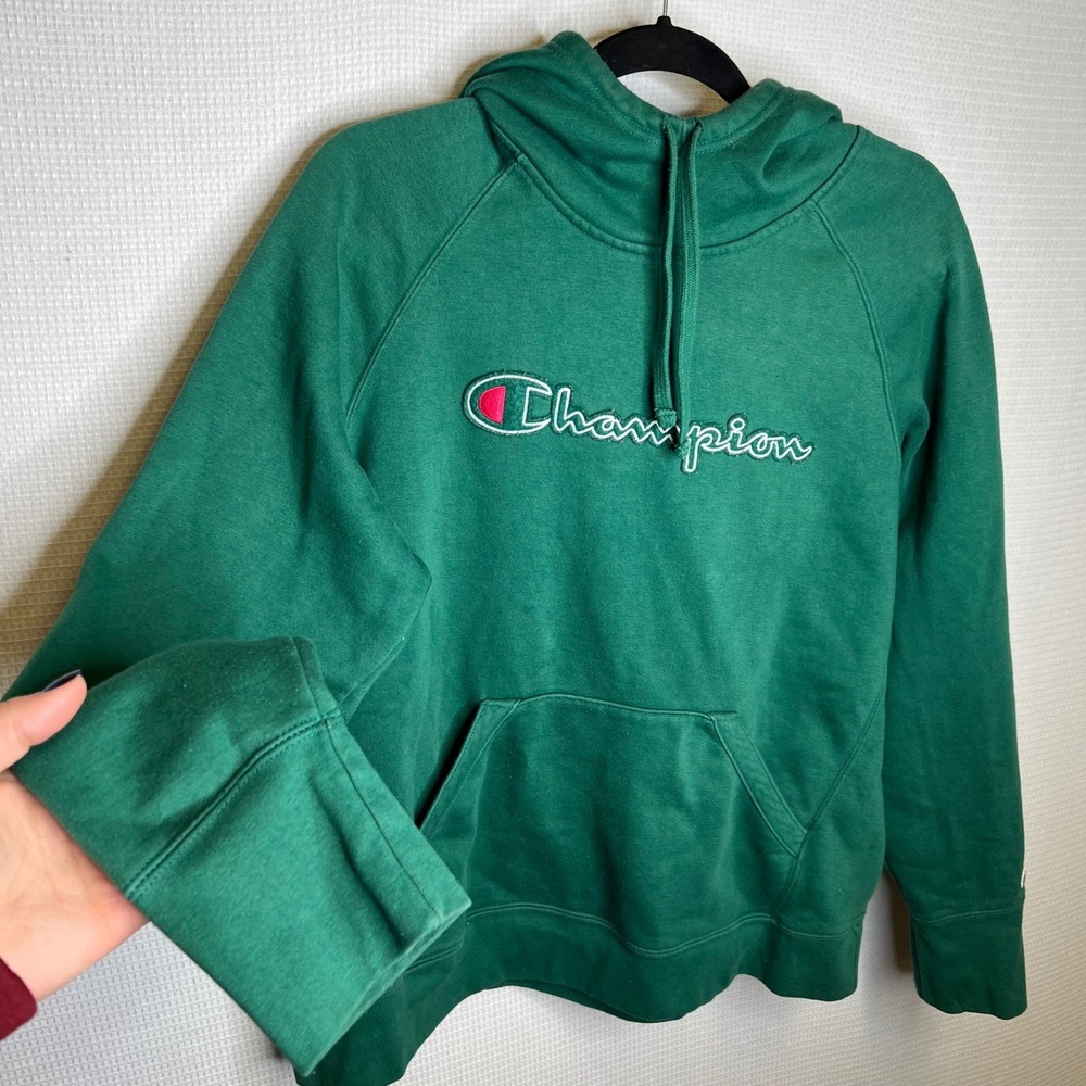 Champion Green Hoodie Sweatshirt Logo‎ Graphic Pullover Hooded Fleece Large